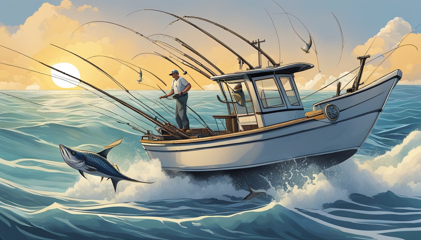 A fishing boat with rods and lines, a large billfish leaping out of the water, and a chef preparing a meal