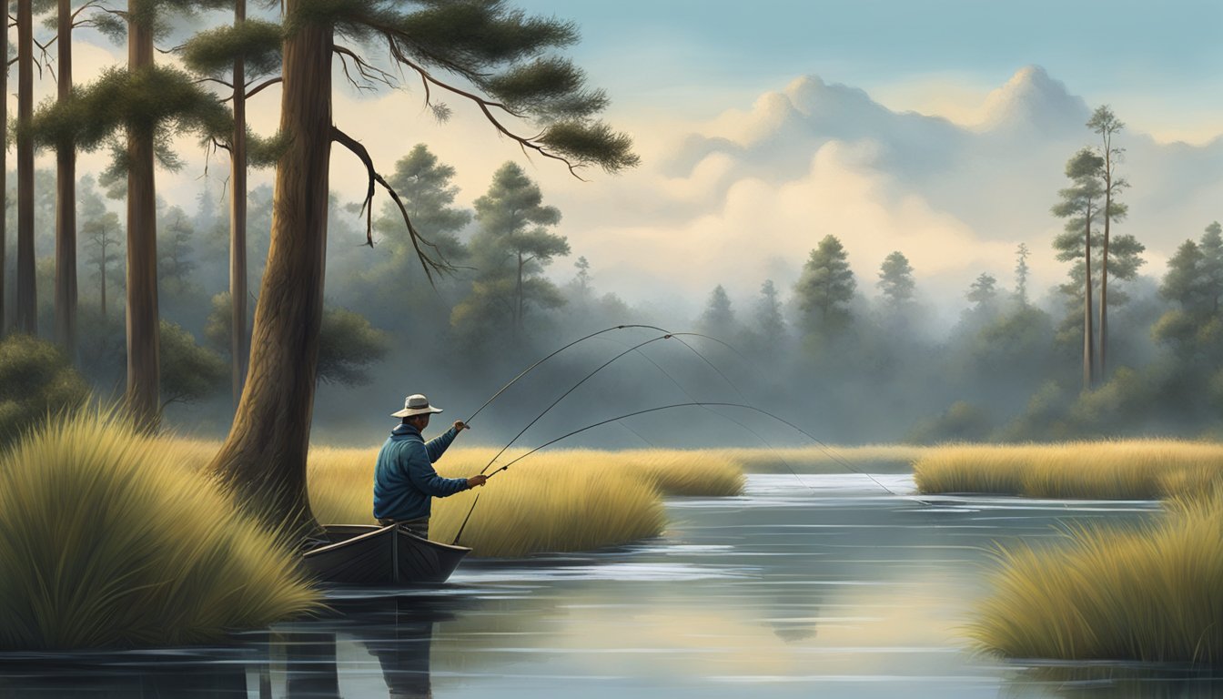 A fisherman casting a line into a murky river, surrounded by tall grass and cypress trees