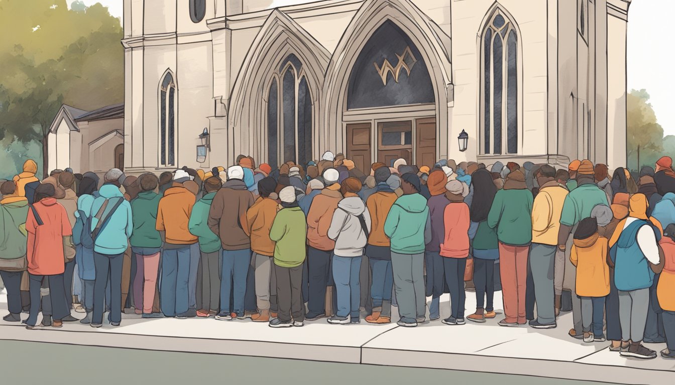 A line of people waits outside a local church, where volunteers distribute free groceries and food items to those in need