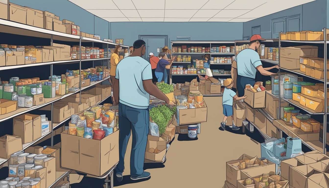 A bustling food pantry in Walker County, Texas, with volunteers distributing free groceries to those in need