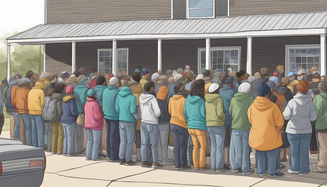 A line of people wait outside a small food pantry in Walker County, Texas. Volunteers hand out bags of groceries to those in need