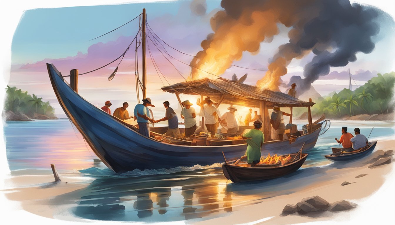 A vibrant fishing boat surrounded by joyful locals, preparing and grilling billfish over an open fire, while traditional music fills the air