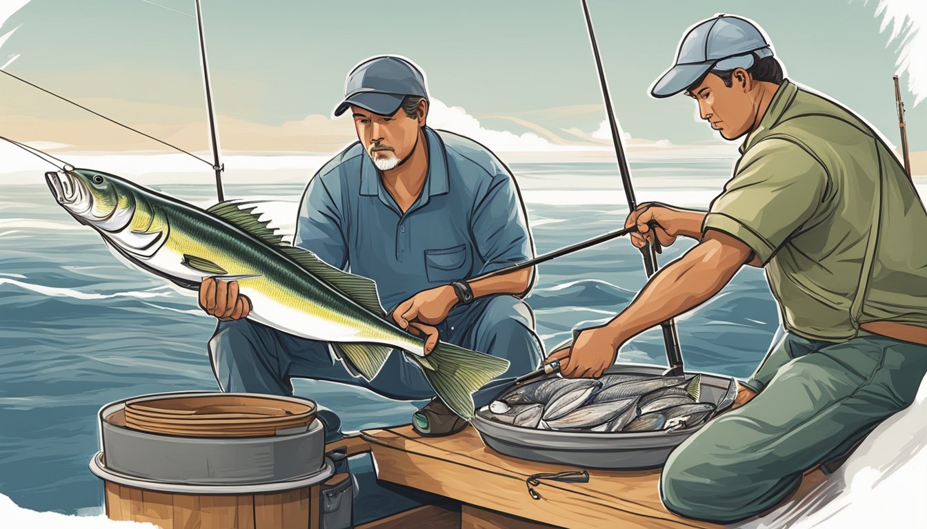 A fisherman reeling in a false albacore with a fishing rod, while another prepares to fillet the catch on a boat deck