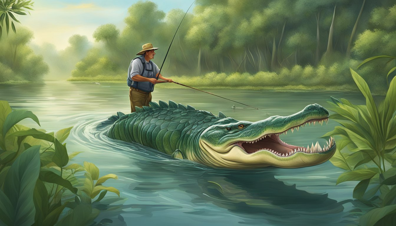 A fisherman reels in a large alligator gar from a tranquil river, surrounded by lush greenery and wildlife