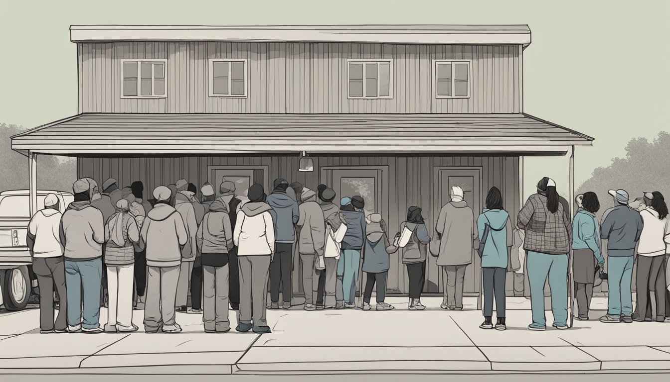 A line of people waits outside a food pantry in Waller County, Texas. Volunteers hand out free groceries to those in need