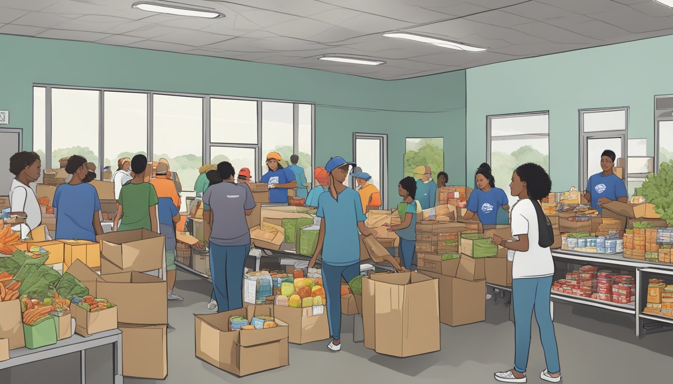 A bustling food pantry in Waller County, Texas, with volunteers distributing free groceries to those in need