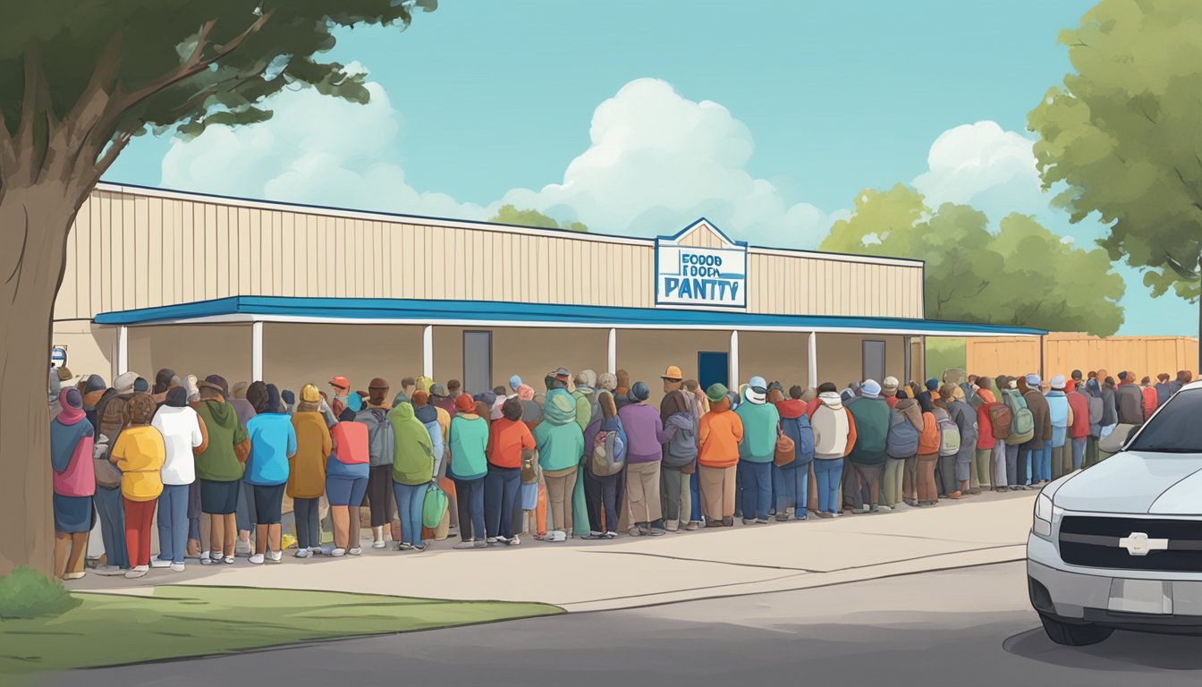 A line of people wait outside a food pantry in Waller County, Texas. Volunteers hand out groceries to those in need