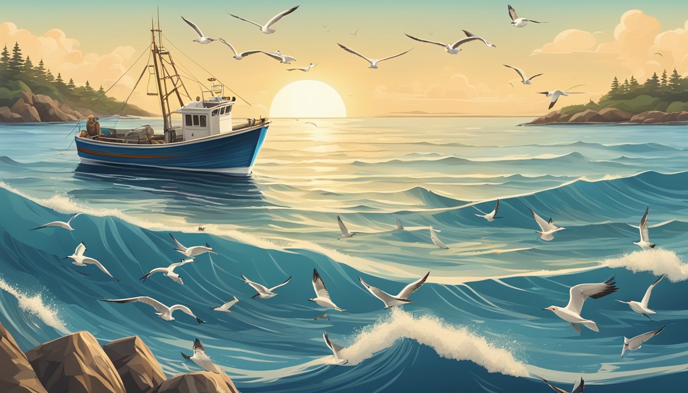 A fishing boat on calm waters, surrounded by seagulls, with a distant coastline and clear blue skies. A fisherman reels in a large albacore