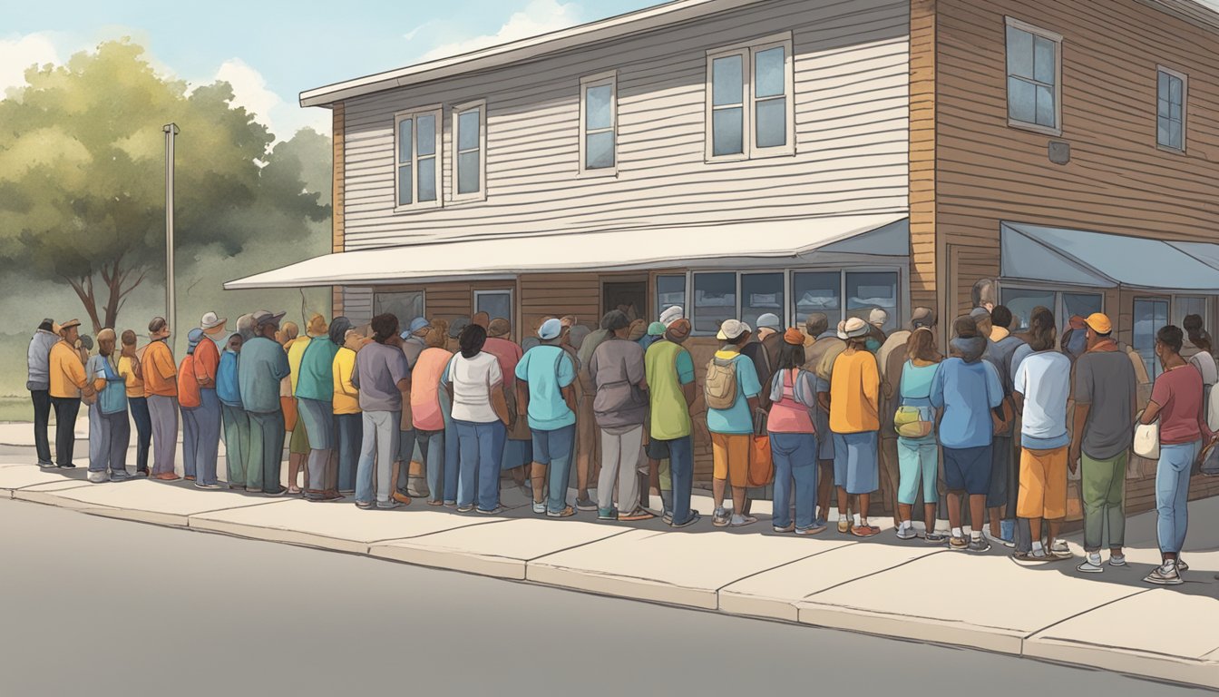 A line of people wait outside a small building, where volunteers distribute free groceries and food to those in need in Waller County, Texas