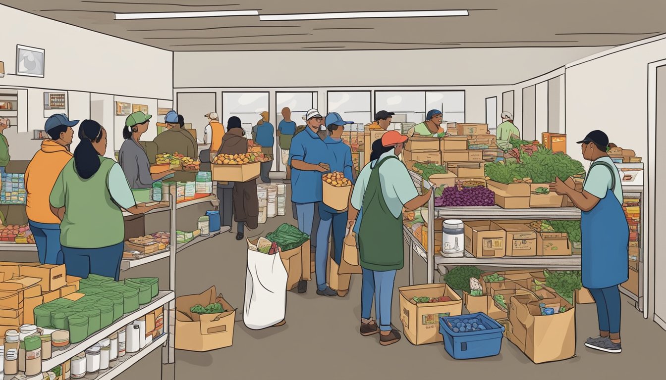 A bustling food pantry in San Saba County, Texas, with volunteers distributing free groceries to those in need