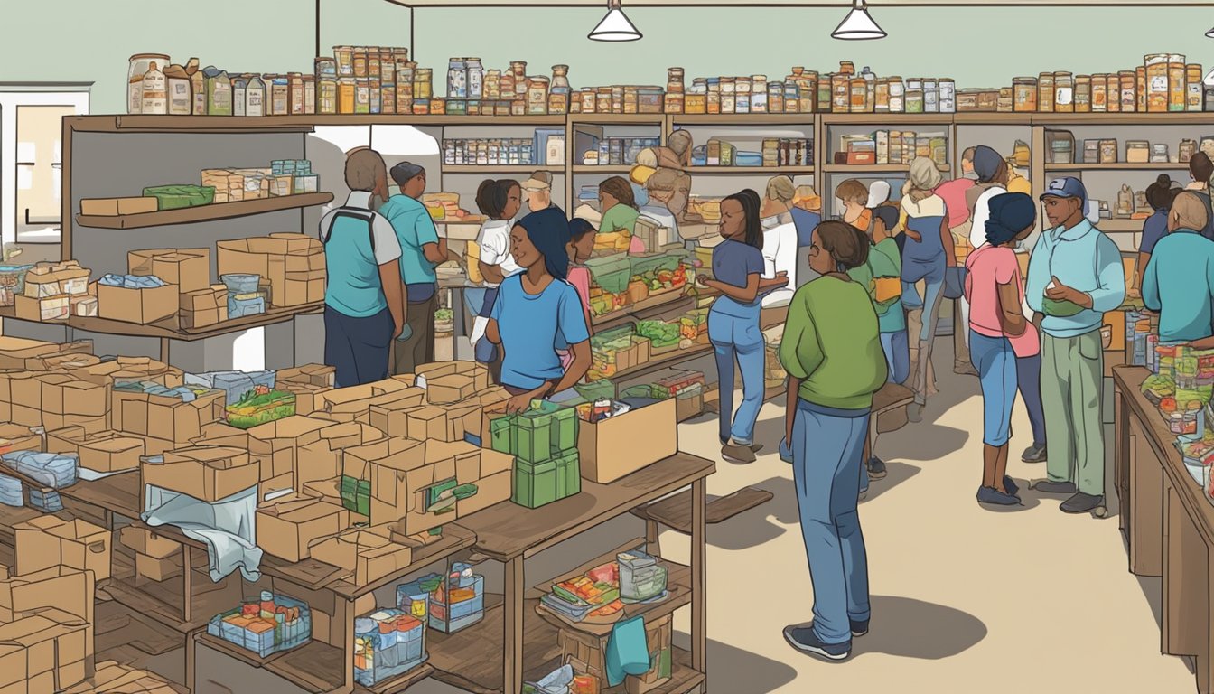 A bustling food pantry in San Saba County, Texas, with volunteers distributing free groceries to those in need