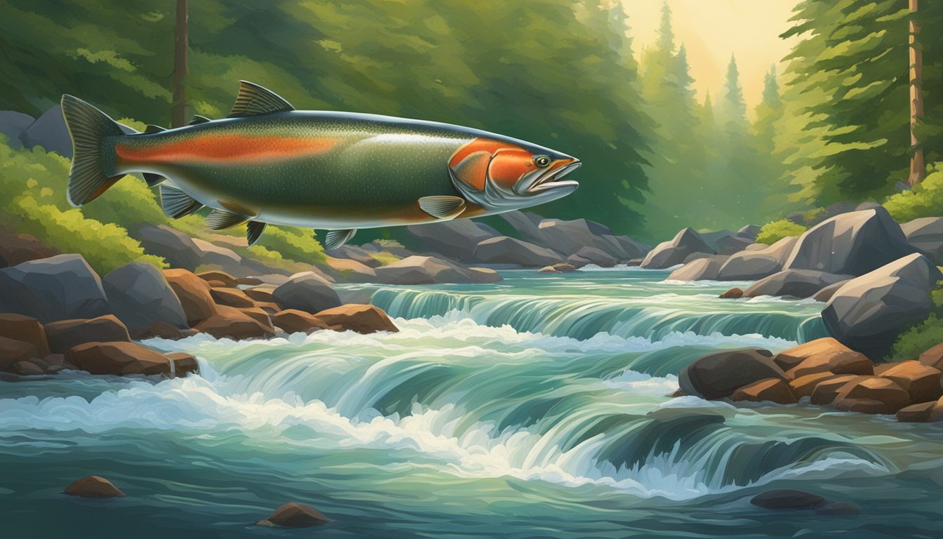 A clear, rushing stream with a rocky bottom, surrounded by lush green trees and bushes. A vibrant red sockeye salmon leaps from the water, its scales shimmering in the sunlight