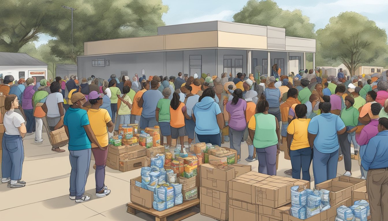 People gather at a food pantry in Waller County, Texas, receiving free groceries and supplies as part of community restoration efforts