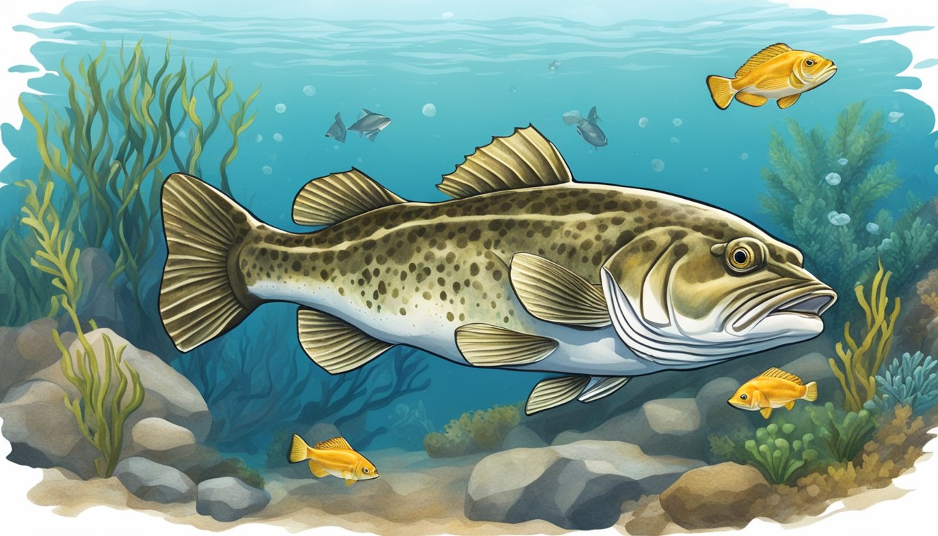 An Atlantic Cod swimming near a rocky seabed, surrounded by smaller fish and marine plants