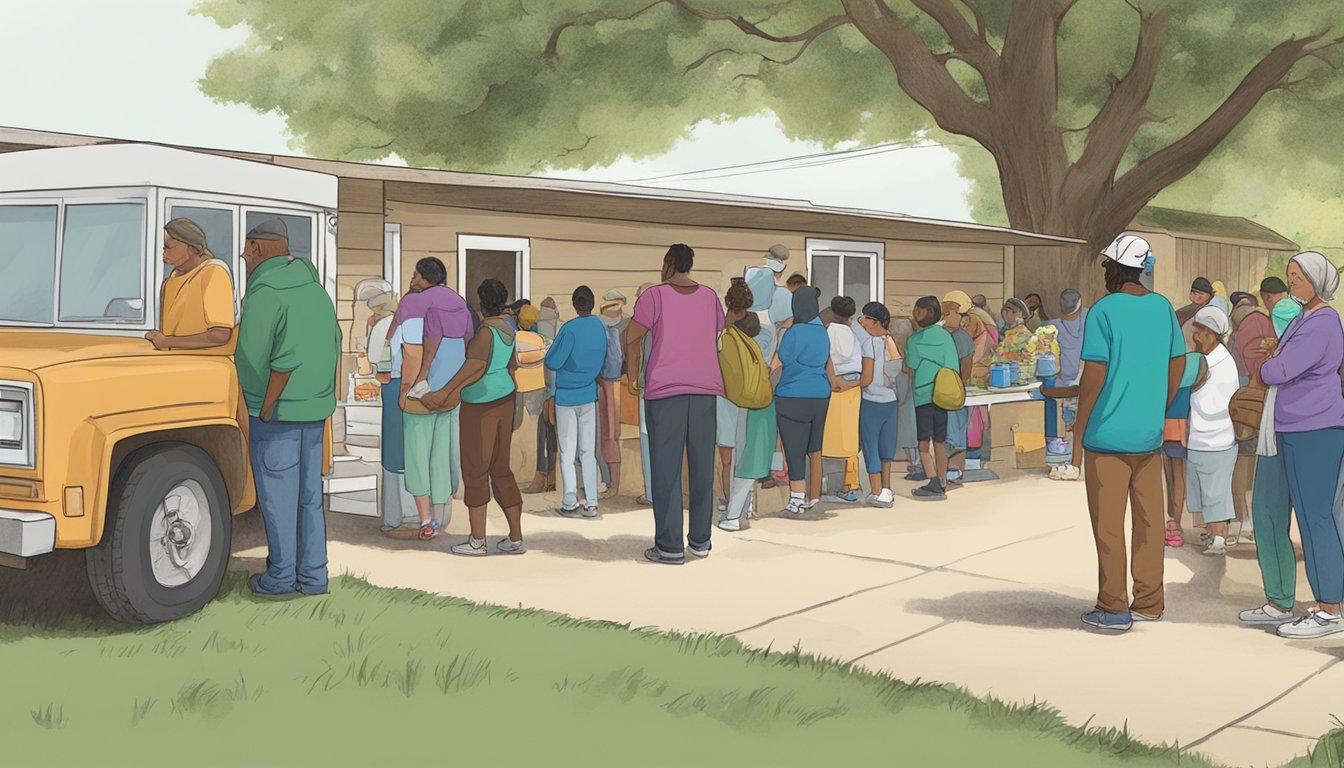 A line of people waiting outside a small food pantry in Shackelford County, Texas. Volunteers hand out free groceries to those in need