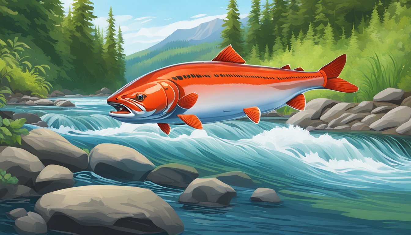 A pristine river with a vibrant sockeye salmon leaping out of the water, surrounded by lush greenery and a clear blue sky