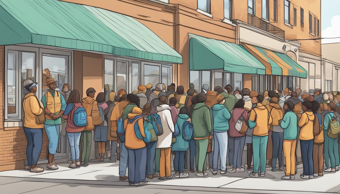 A line of people waiting outside a food pantry, with volunteers distributing free groceries and supplies to those in need