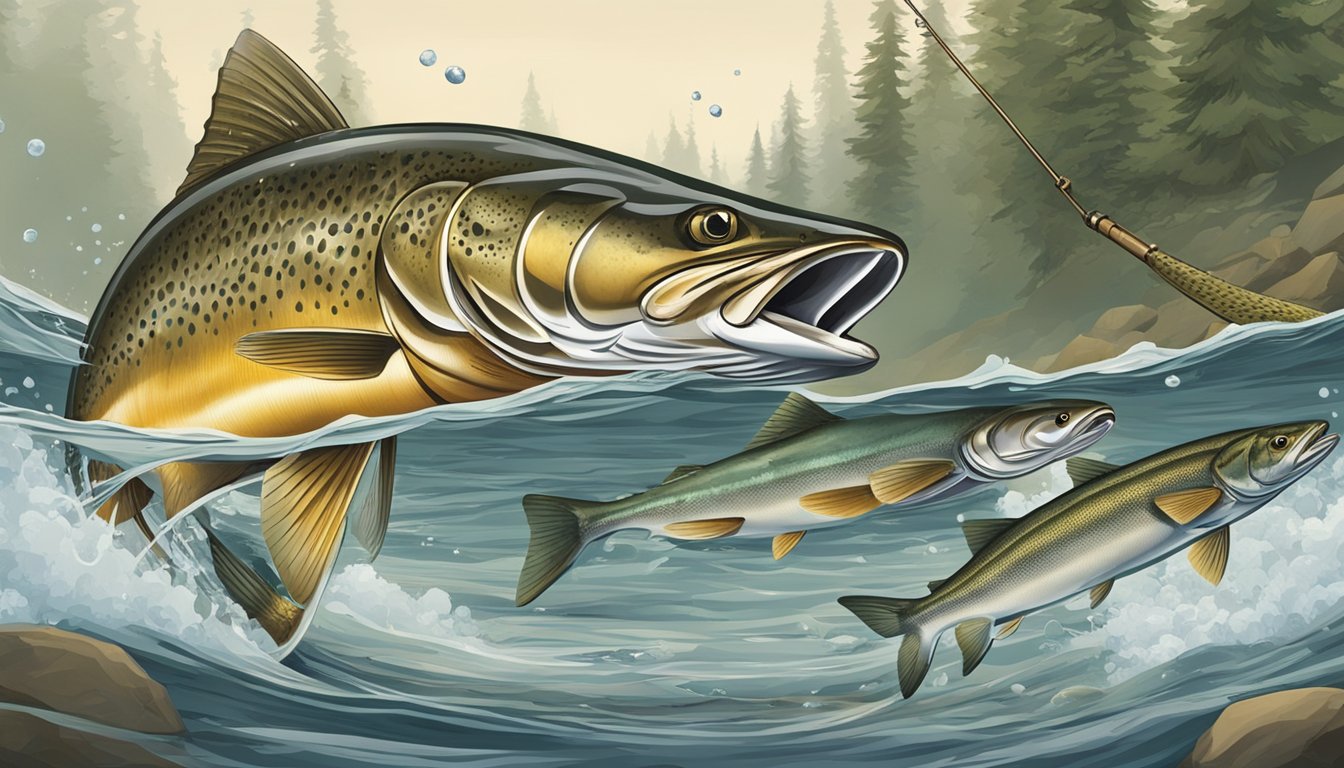 A fisherman's gear with a baited hook, a bull trout swimming towards it, and the trout biting down on the hook