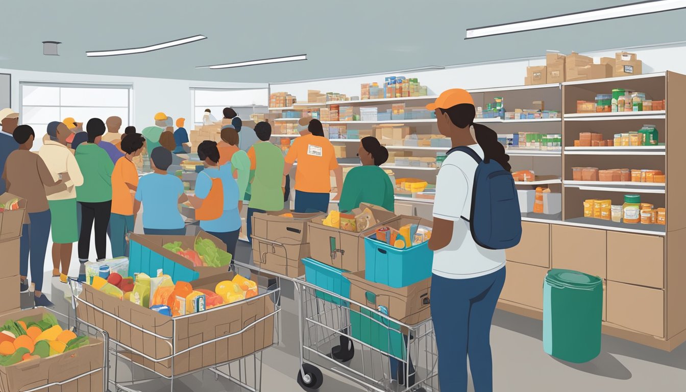 A bustling food pantry in Ward County, Texas, with volunteers distributing free groceries to those in need