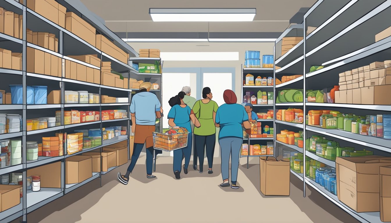 A bustling food pantry in Ward County, Texas, with shelves stocked full of free groceries and volunteers assisting those in need