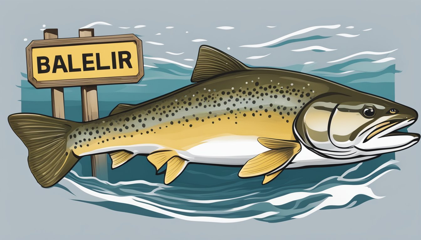 A bull trout swimming near a sign warning against catching and eating