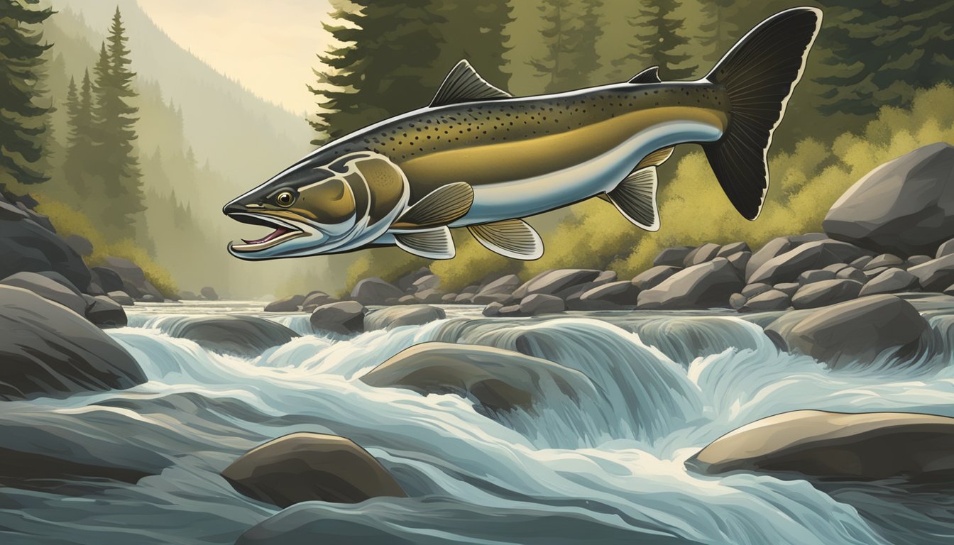 A bull trout leaping from a rushing stream to catch and devour a smaller bull trout