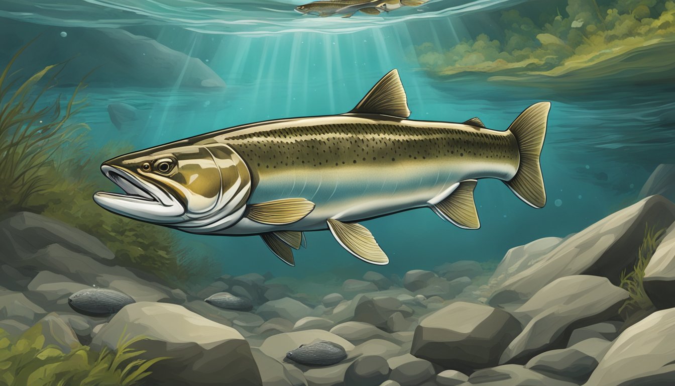 A bull trout aggressively chasing and devouring smaller fish in a clear, rushing stream