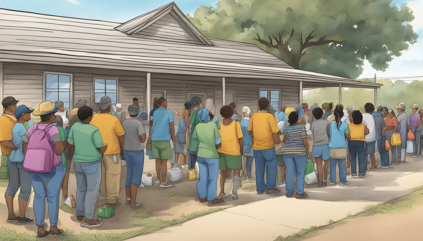 A line of people waits outside a small building, where volunteers hand out bags of groceries and food supplies in Shackelford County, Texas