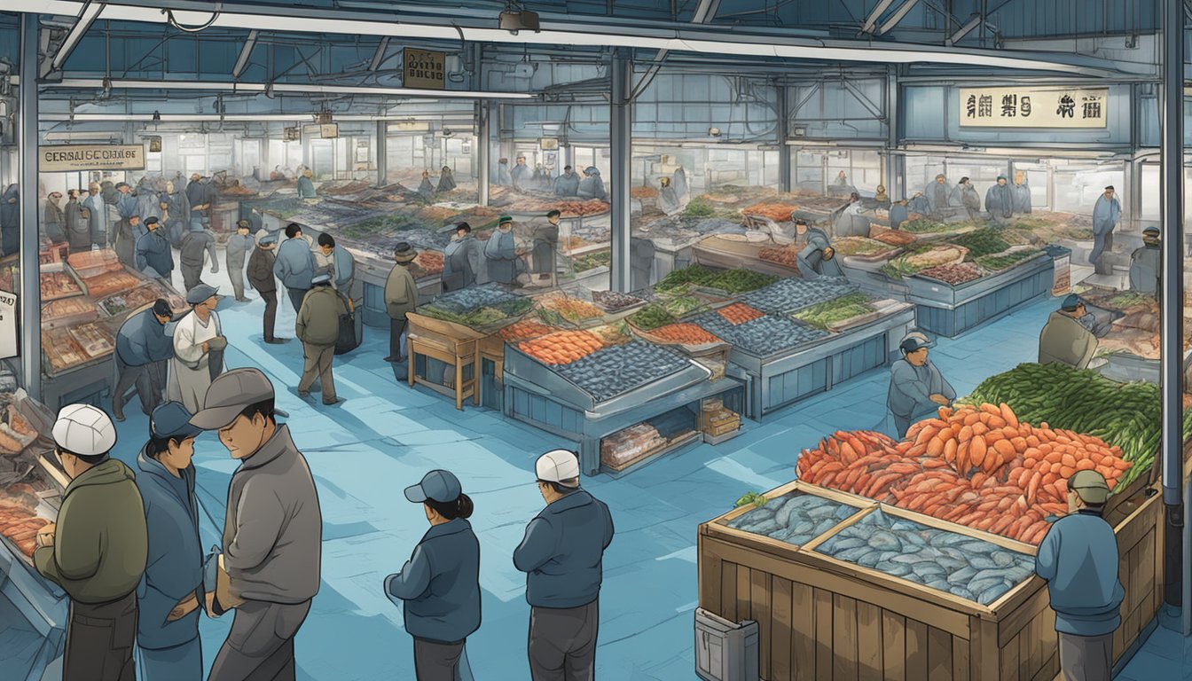 A bustling seafood market with bluefin tuna being caught and displayed on ice, surrounded by regulations and signage