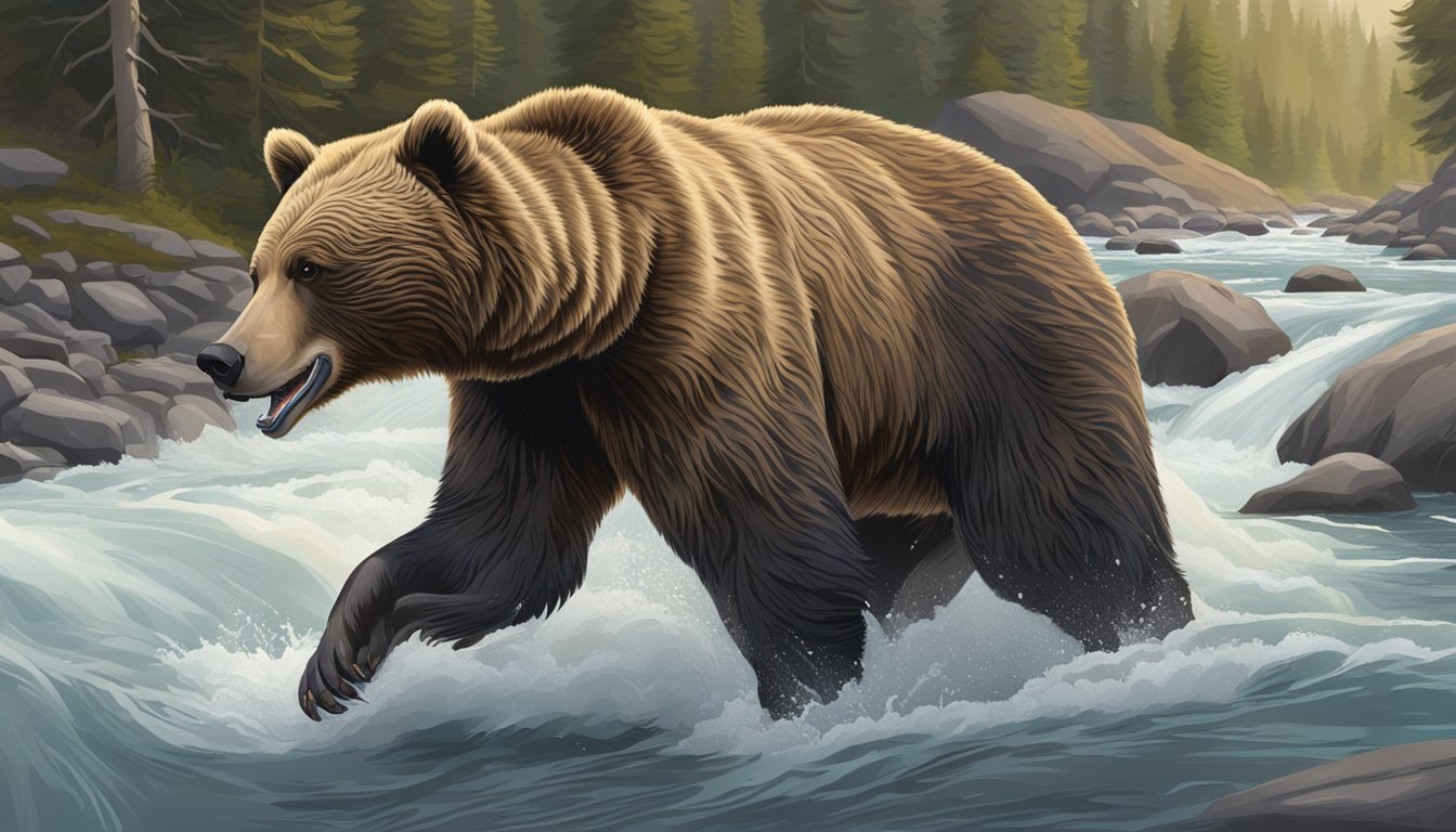 A grizzly bear catching and eating a chum salmon by a rushing river