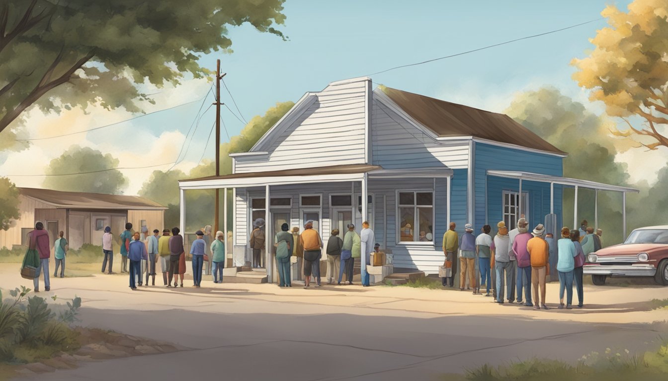 A small rural town with a line of people outside a modest building, waiting for free groceries and food from a local food pantry in Shackelford County, Texas