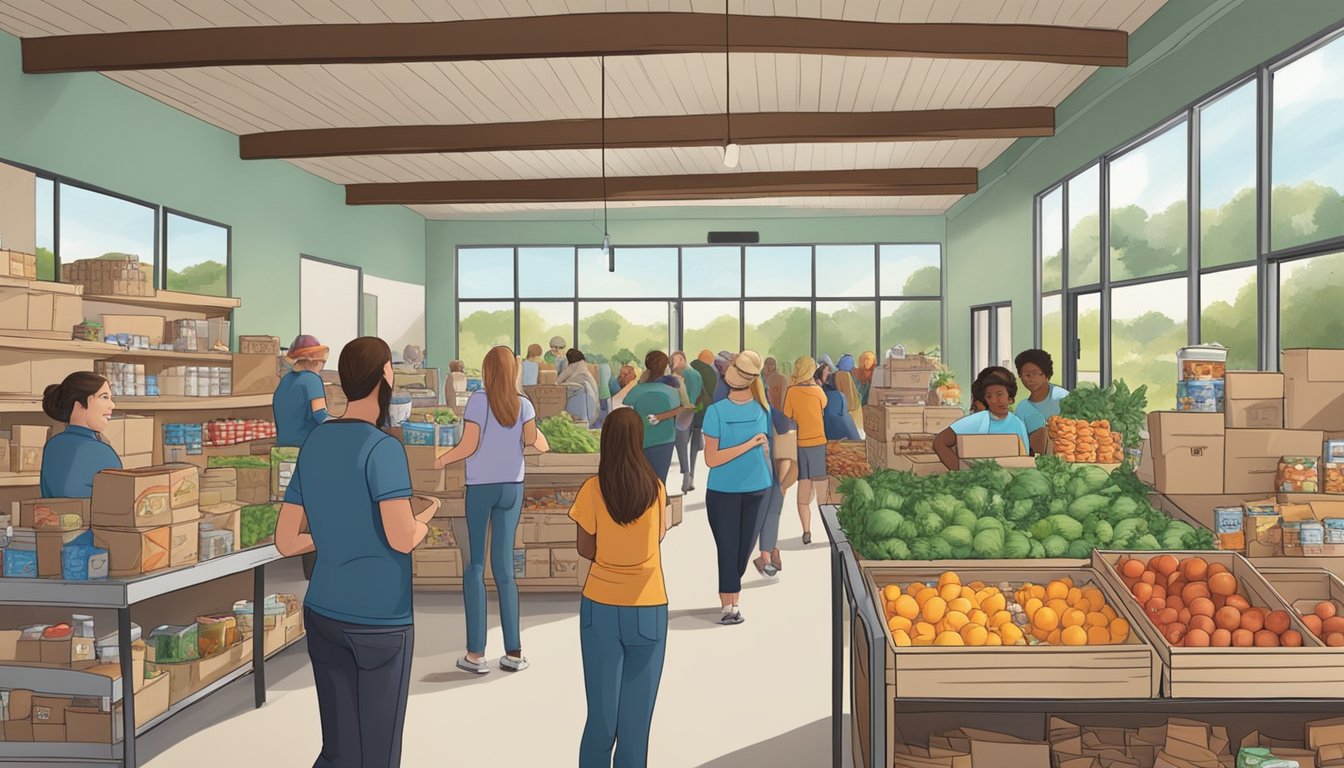 A bustling food pantry in Shackelford County, Texas, with volunteers distributing free groceries to those in need, surrounded by a supportive community