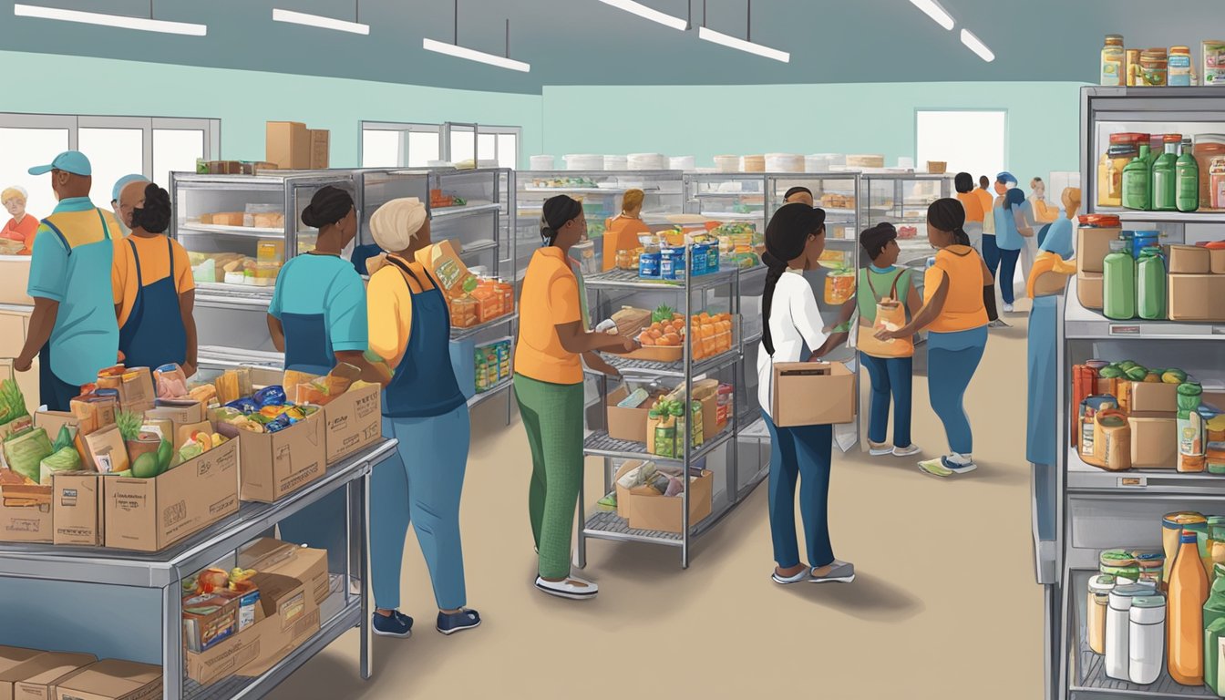 A bustling food pantry in Ward County, Texas, with volunteers distributing free groceries to those in need