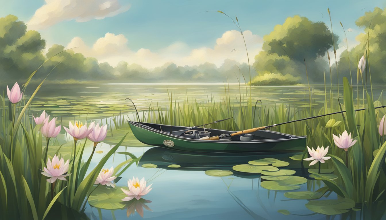 A fishing rod with baited hook is cast into a calm, murky pond surrounded by reeds and lily pads