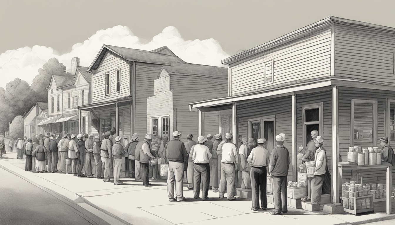 A small rural town with a line of people waiting outside a food pantry, with volunteers distributing groceries and supplies