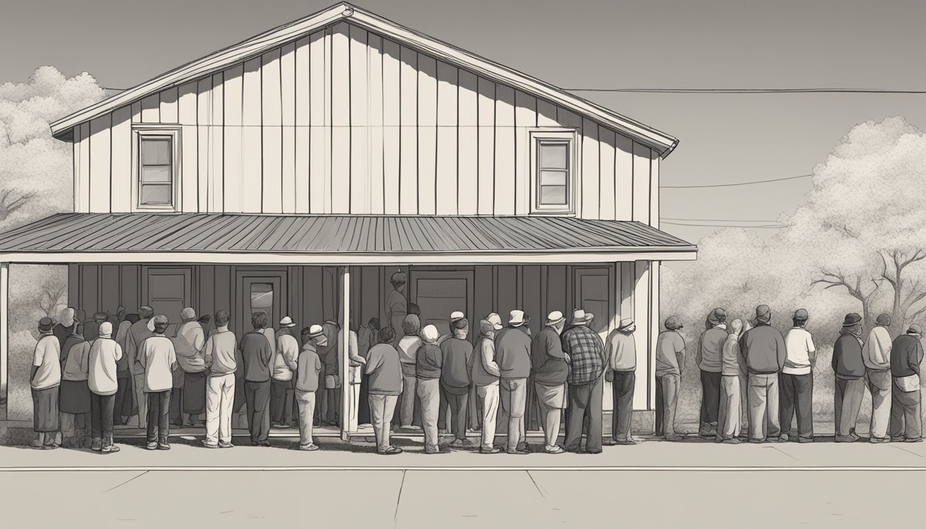 A line of people wait outside a small building in Shackelford County, Texas, where volunteers distribute free groceries and food pantry items to those in need