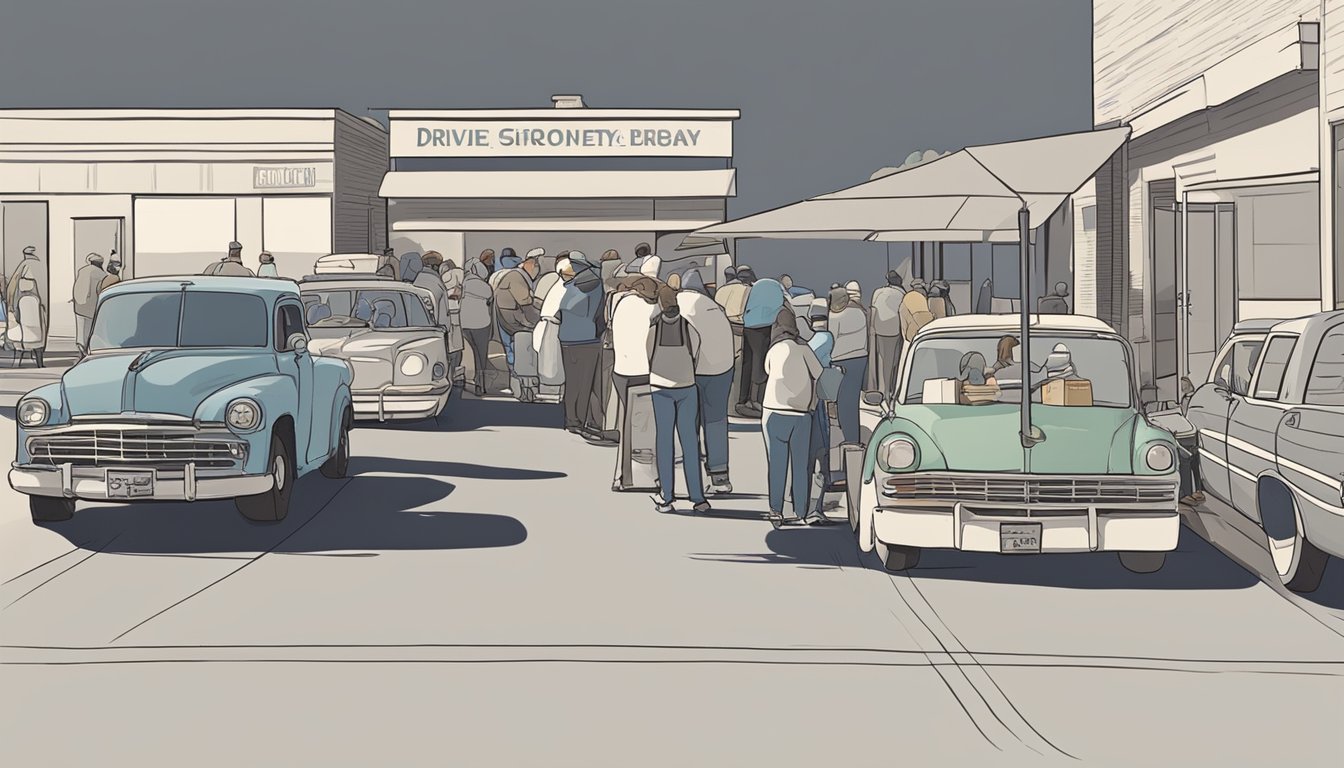 A line of cars waits at a drive-thru pantry. Volunteers hand out bags of groceries to people in need. Mobile pantries provide food to those in Ward County, Texas