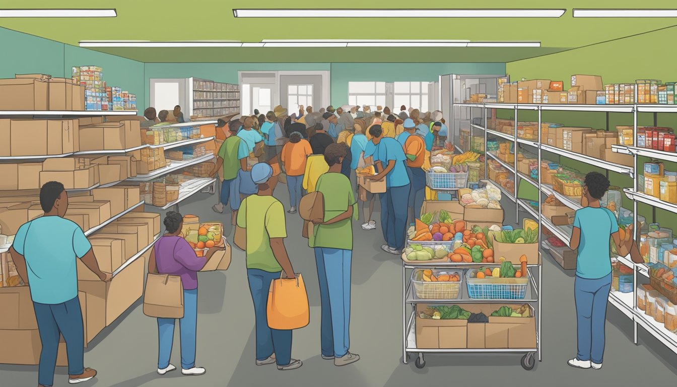 A bustling food pantry in Ward County, Texas, with volunteers distributing free groceries to those in need