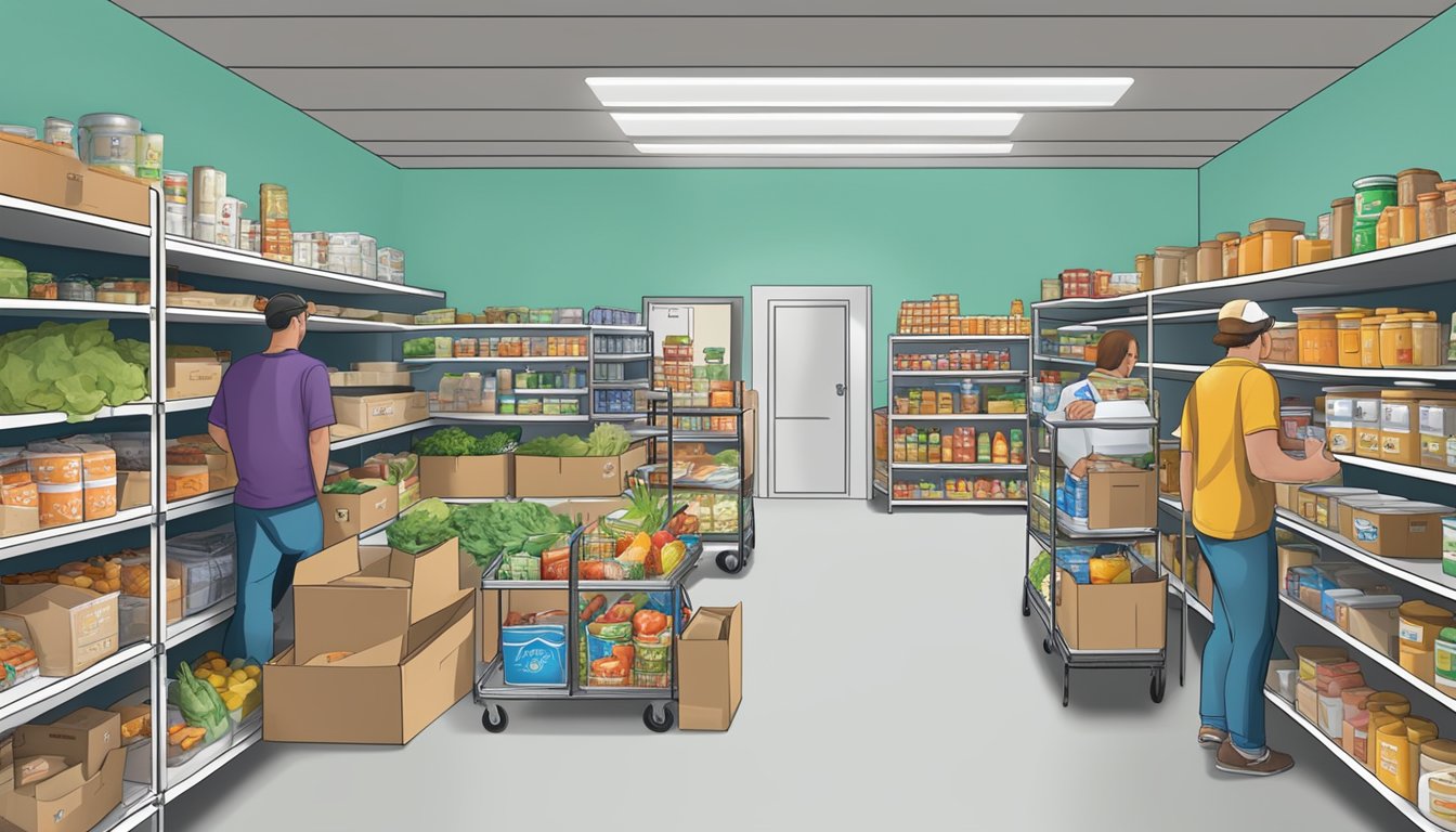 A bustling food pantry in Ward County, Texas, with shelves stocked full of free groceries and volunteers assisting those in need