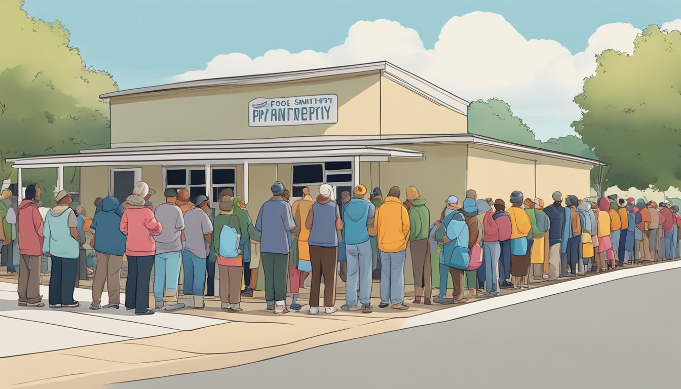 A line of people waiting outside a food pantry in Smith County, Texas. Volunteers distribute free groceries to those in need