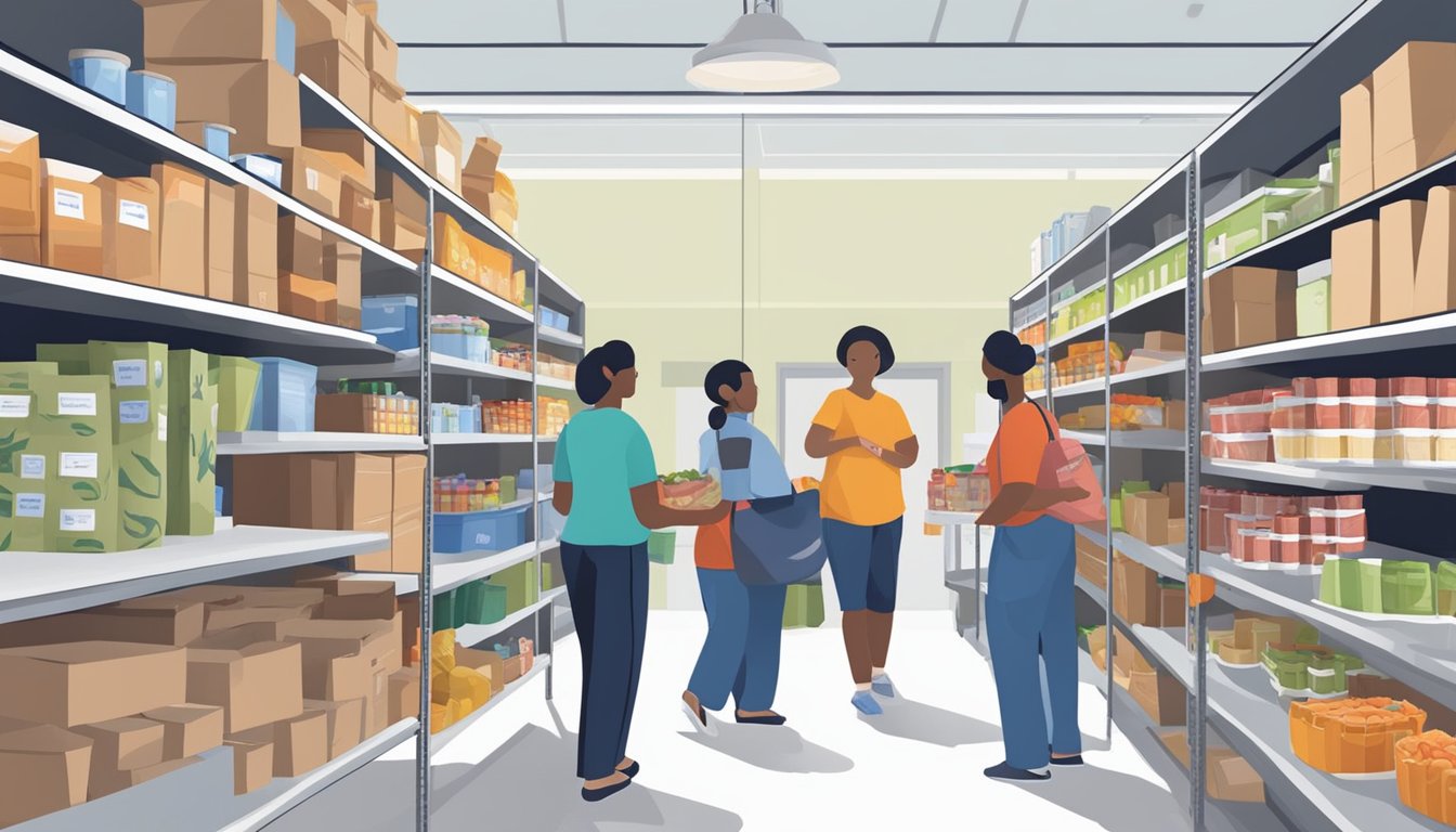 A bustling food pantry in Smith County, Texas, with volunteers distributing free groceries to those in need