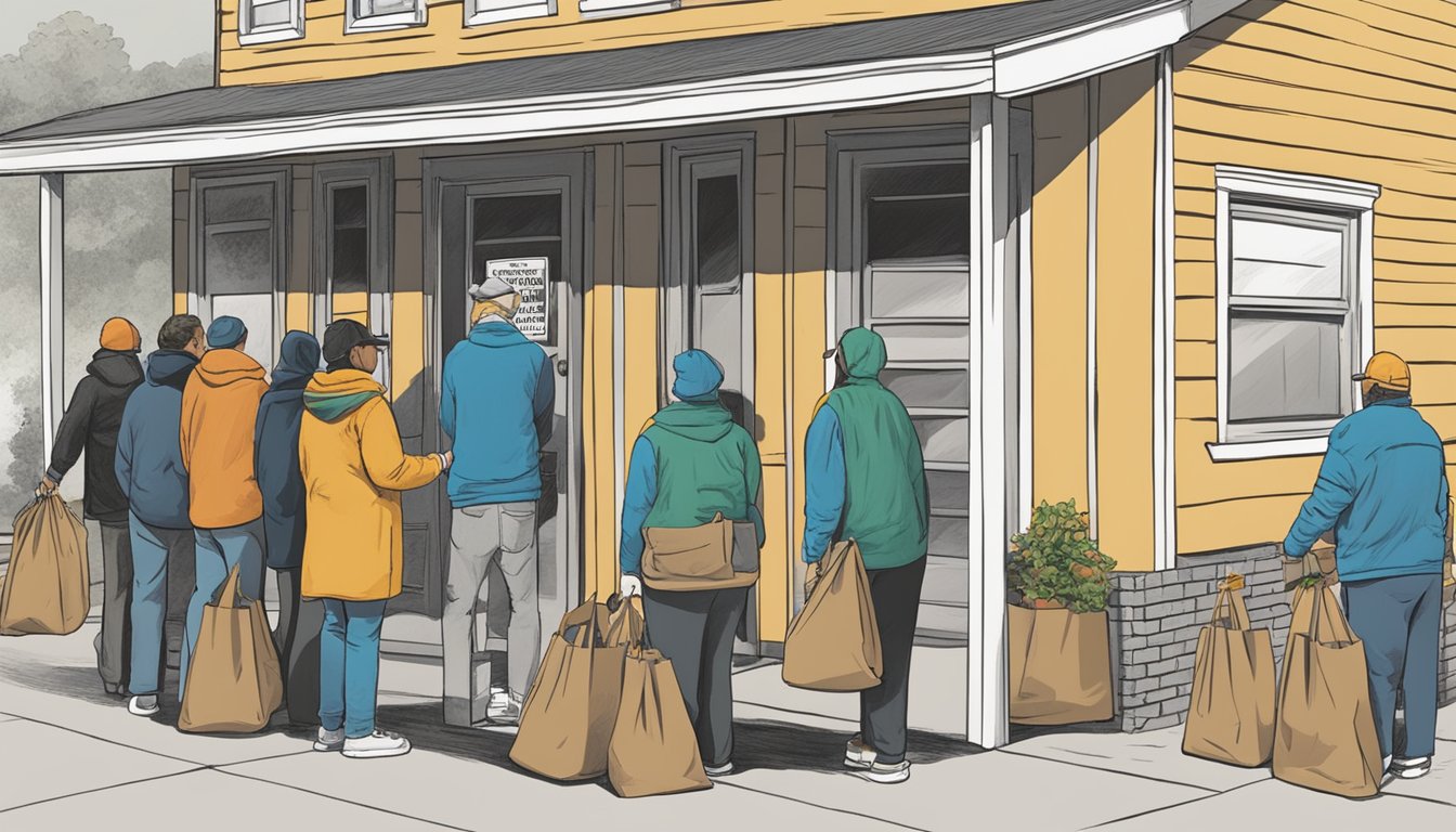 A line of people waits outside a small building with a sign reading "Smith County Food Pantry." Volunteers hand out bags of groceries to those in need