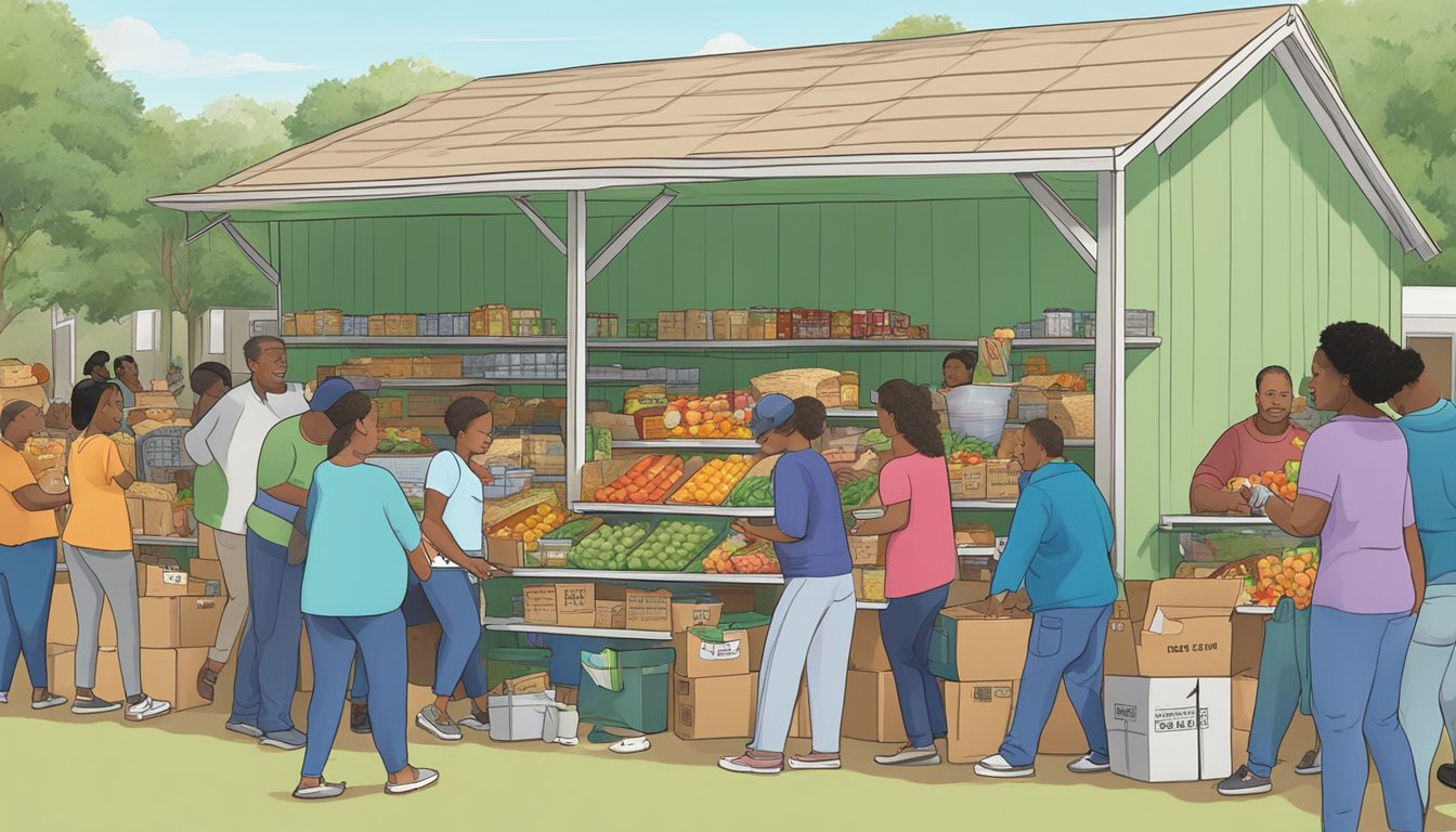 People receiving free groceries at a food pantry in Washington County, Texas