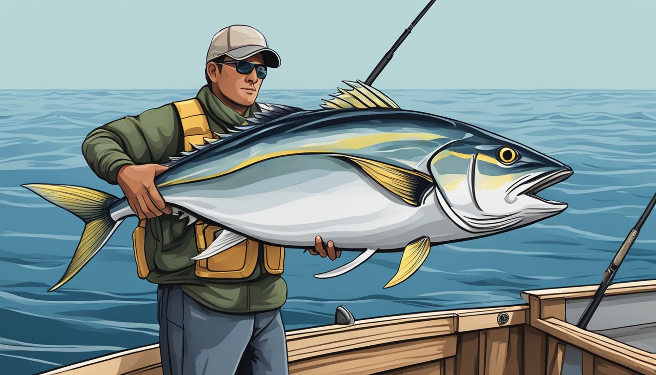 A fisherman holding a bigeye tuna on a boat, preparing to release it back into the ocean