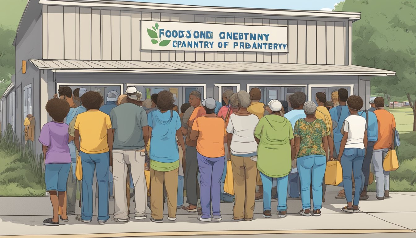 A line of people waiting outside a food pantry in Smith County, Texas, with signs indicating eligibility and application information for free groceries