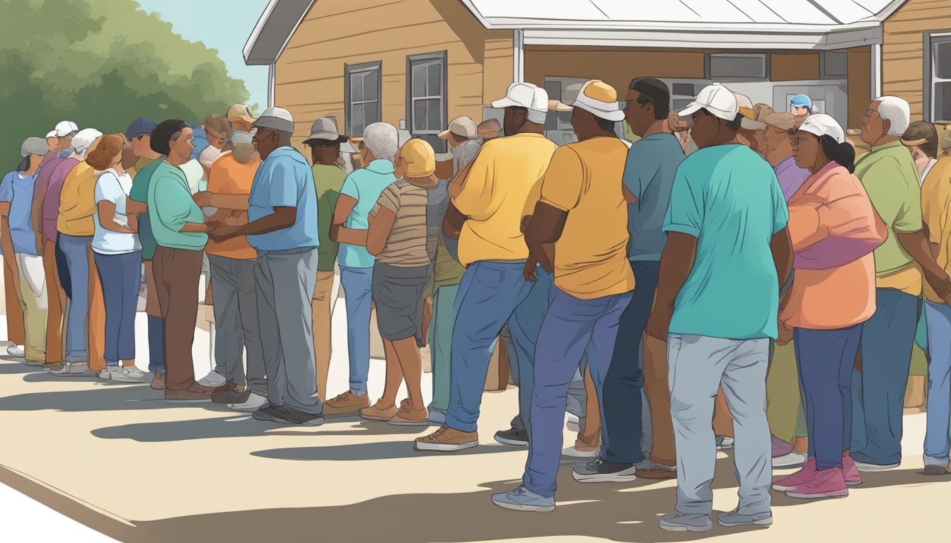 People in line at food pantry, receiving free groceries in Washington County, Texas