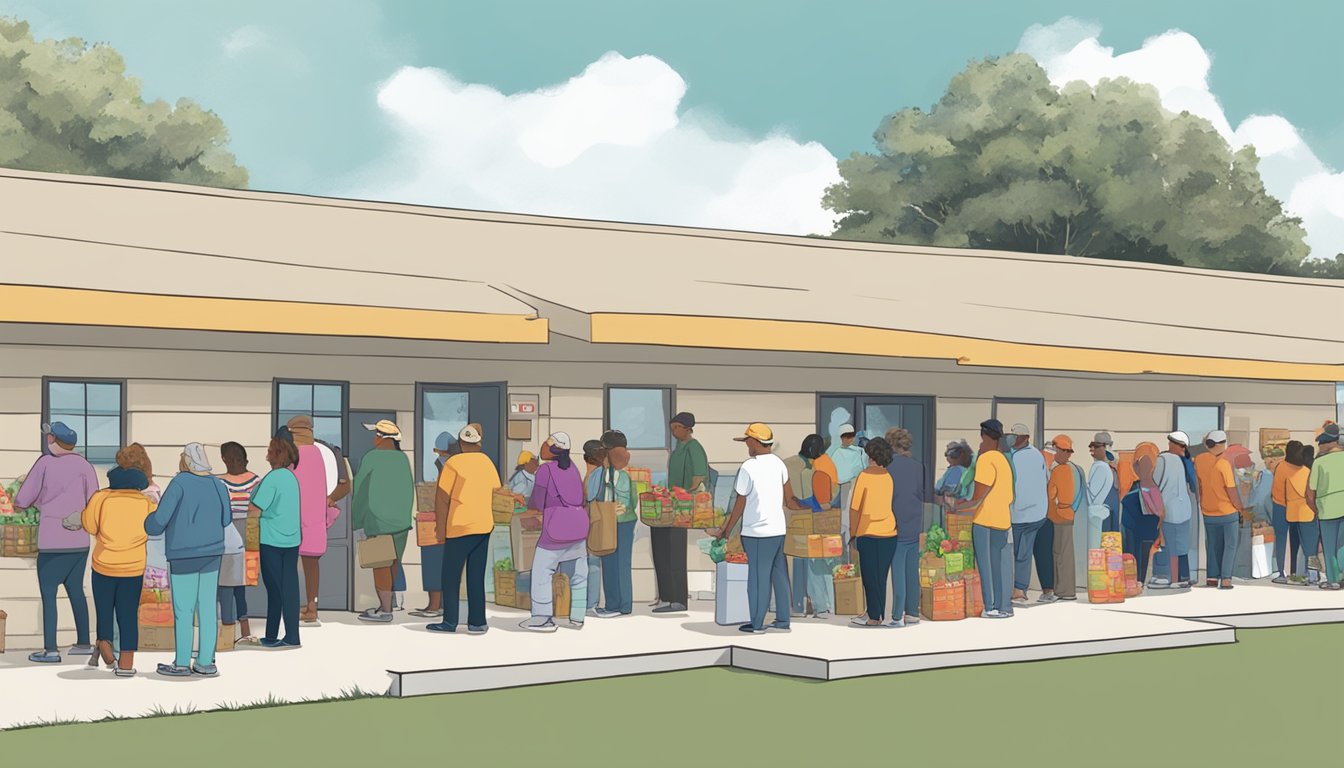 A line of people waits outside a food pantry in Washington County, Texas, with volunteers distributing free groceries to those in need