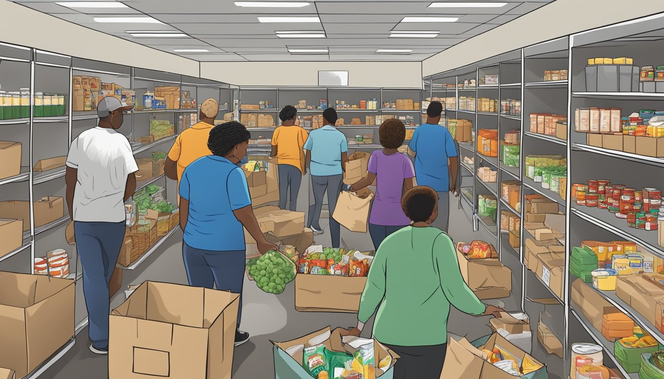 A bustling food pantry in Washington County, Texas, with volunteers distributing free groceries to those in need