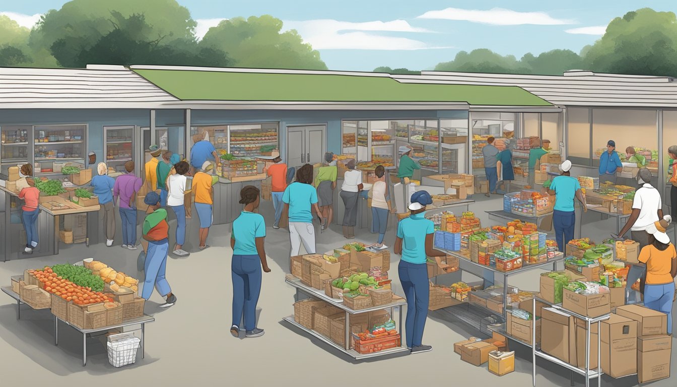 A bustling food pantry in Smith County, Texas, with volunteers distributing free groceries to those in need