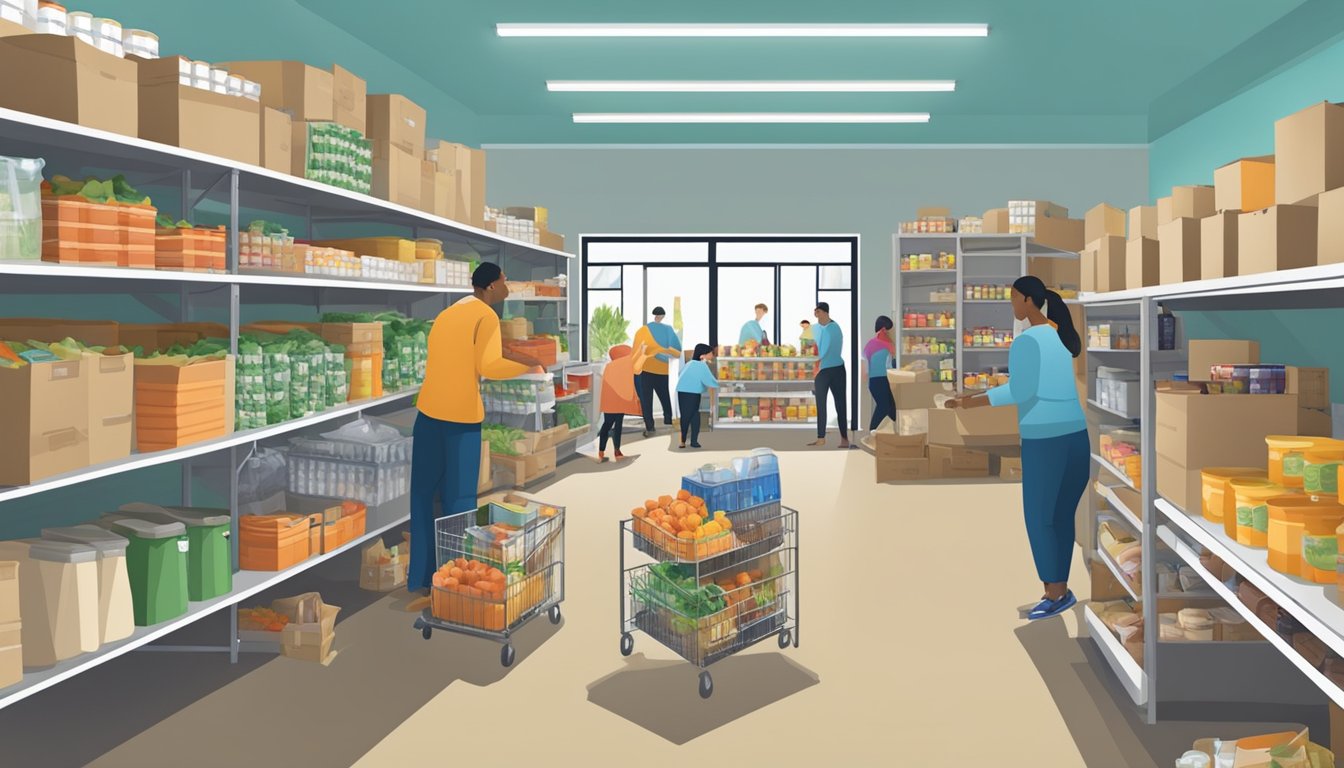 A bustling food pantry in Washington County, Texas, with shelves stocked with nutritious groceries and volunteers assisting those in need